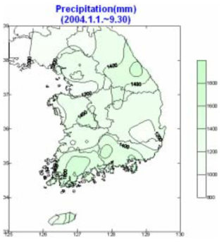 남한 지역 전체의 2004년도 강수량 분포도 (1월∼9월 통계기준)