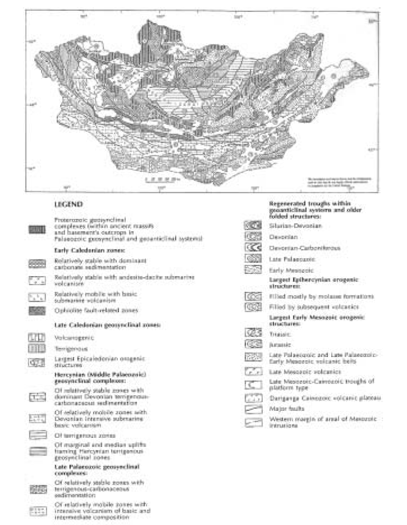 Scheme of the tectonic setting of the territory of Mongolia (Source: Hasin, R. A., Y. A. Borzakovsky, and L. P. Zonenshain (1973))