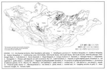 Schematic metallogenic zoning and distribution of gold deposits and occurrences in Mongolia (Source: Marinov, N. A., R. A. Hasin, and Ch. Hurz (1977))