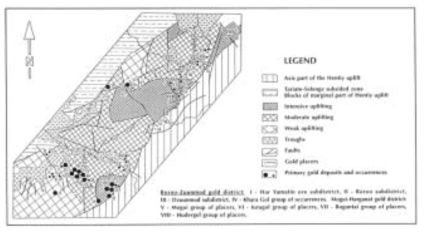 Distribution of primary and placer gold deposits and occurrences within morpho-structures of the northern Hentii gold-bearing zone (Source: Marinov, N. A., R. A. Hasin, and Ch. Hurz (1977))