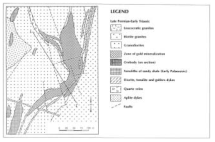 Geological Sketch map of the Boroo gold deposit (Source: Jamsrandorj, G. and S. A. Diatchkov (1996))