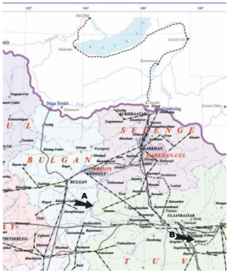 Administrative unit map of central Mongolia. The locations of the Shijir Alt Ltd. and Gurvan Dokhon Ltd. gold mining compa-nies are indicated by arrows A and B, respectively