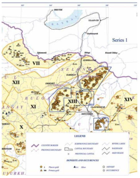 Location of gold and silver deposits and occurrences in central Mongolia (after Geological Information Center, 2002)