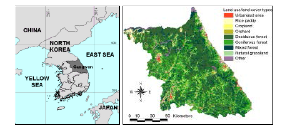 Location and land-use/land-cover map derived from LANDSAT TM at 5-m resolution for study area of the Gangwon Province, Korea