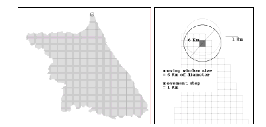 16,963 circular moving windows of 6-km diameter and 1-km movement distance used in habitat model for leopard cat across the Gangwon Province