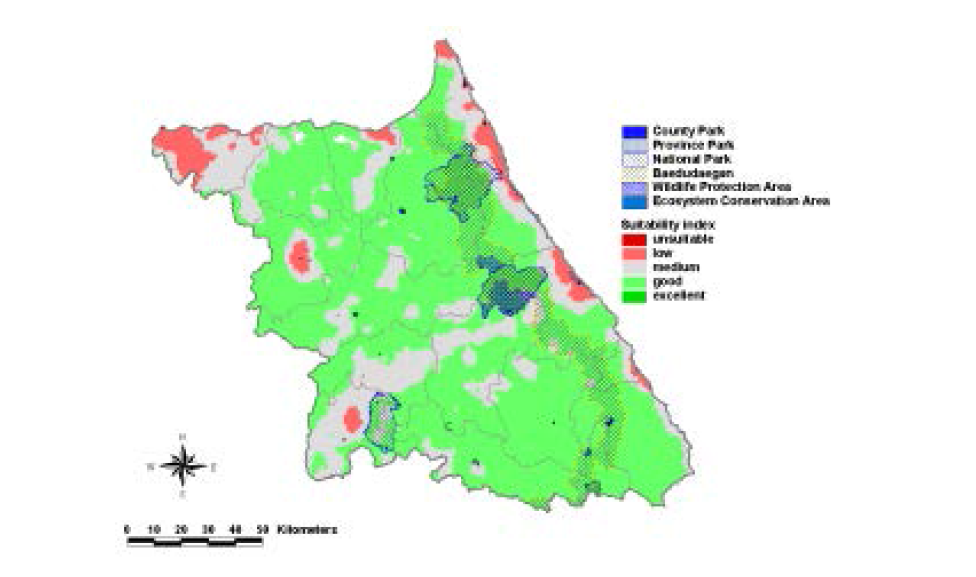 Habitat suitability map for leopard cat and identification of gap between suitable habitats against existing protected areas in the Gangwon Province