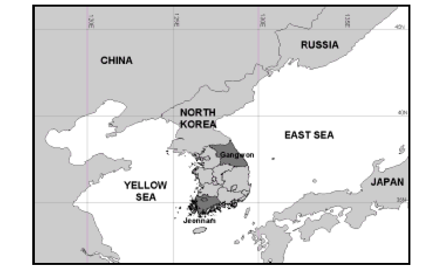 Location of two provinces, Gangwon and Jeonnam, in the Republic of Korea as study areas for the wildlife overpass study