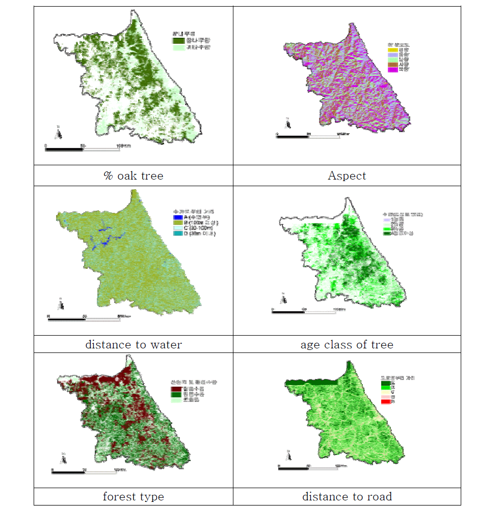 Thematic maps of habitat variables used in the habitat suitability model for wild boar in the Gangwon Province