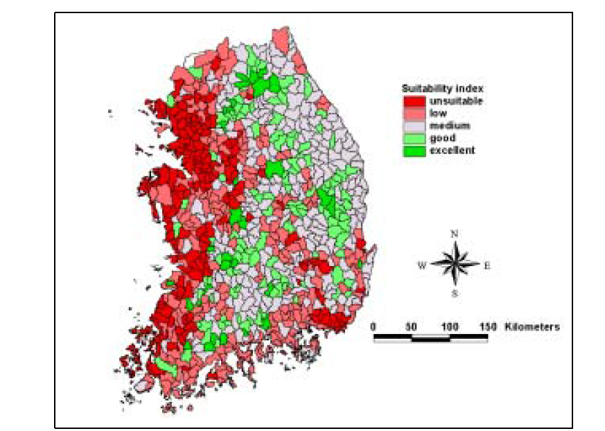 Habitat suitability map for the Eurasian otter based on the 799 standard watersheds within the continental Korea