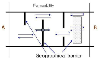 이동가능성(Permeability)을 설명하는 개념도. A에서 B로의 이동 가능성이 지형적 장애물(Geographical barrier)들에 의해 낮아진다. 점선은 준장애물 역할을 하는 논 등을 표시한 것이고, 동그라미는 장애물 내에 있는 소규모 이동통로(예를 들면 동물이동을 위한 생태통로, 좌우 연결성이 확보되어 있고 단차가 없어 실질적인 생태적 통로로서의 기능이 가능할 것으로 보이는 수로박스, 작은 규모의 교량 등을 표시할 때 사용될 수 있다)를 나타낸다