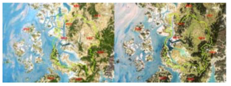영산강 하구의 위성영상 변화(좌:1984, 우:2001)