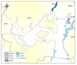 섬진강 하구의 어장도 분포 자료 : 연안관리정보시스템의 어장주제도(2002년