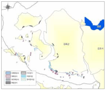 한강 하구의 어장도 분포 자료 : 연안관리정보시스템의 어장주제도 자료(2002)