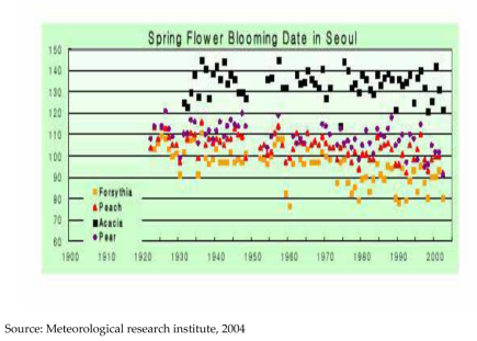 Spring flower blooming date in Seoul (Forsythia, Peach, Acacia, Pear)