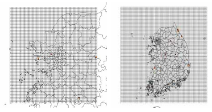 Airports gridded over 3-km (left) and 9-km (right) domains