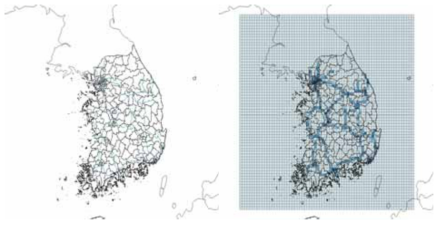 Railroad in a shape file (left) and gridded for a 9-km domain (right)