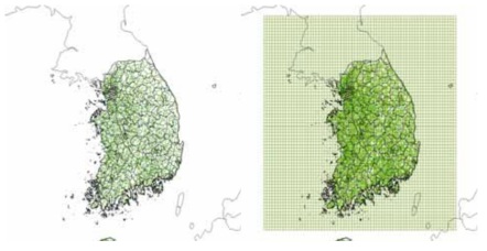 Road in a shape file (left) and gridded for a 9-km domain (right)