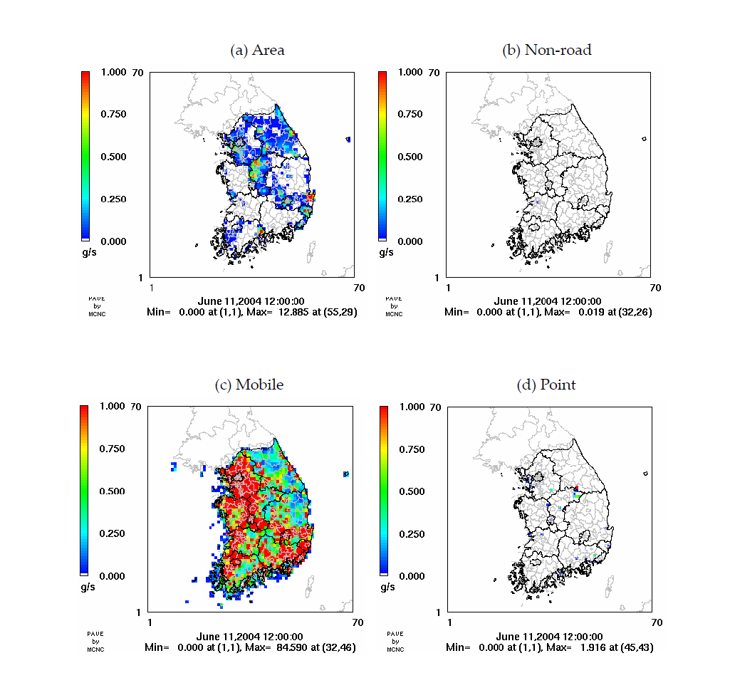 Spatial distributions of the CAPSS PMFINE emissions processed by SMOKE for a 9-km resolution domain. For point sources, the emissions rates are shown for the surface layer only