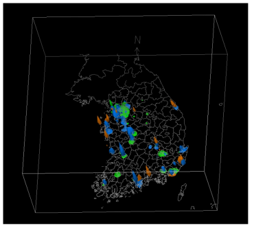 A top view of the CAPSS processed for a 9-km domain. CO, SO₂, and VOC emissions are represented with green, orange, and blue, respectively