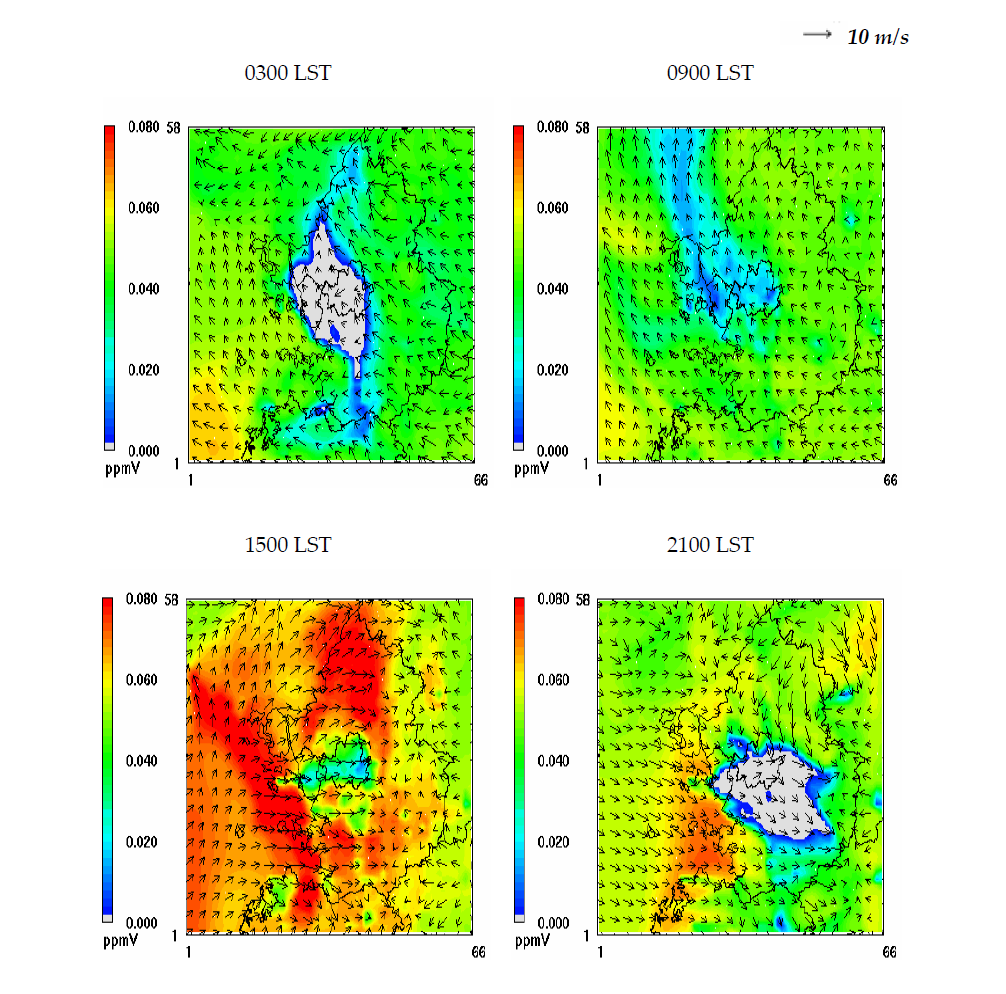 The horizontal distributions of wind vector and the simulated O₃ on 11 June, 2004