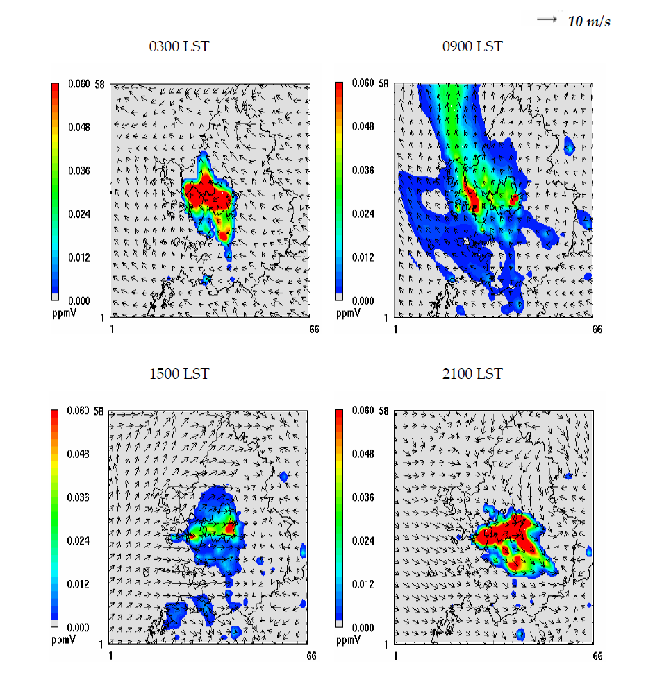 The horizontal distributions of wind vector and the simulated NO on 11 June, 2004