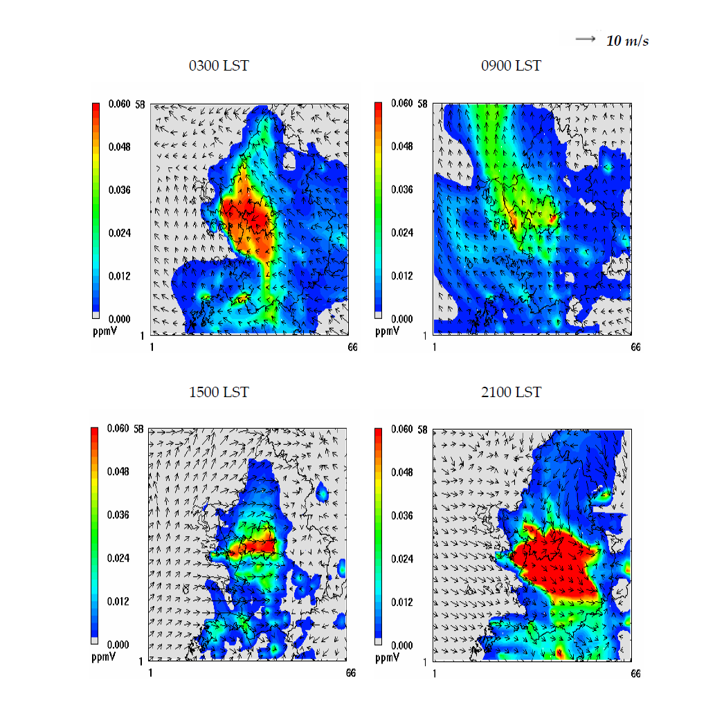 The horizontal distributions of wind vector and the simulated NO₂ on 11 June, 2004