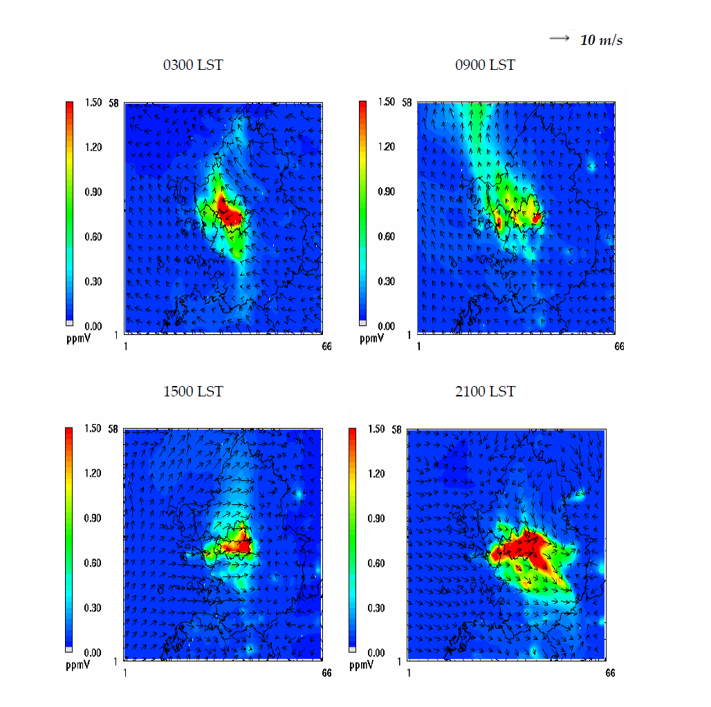 The horizontal distributions of wind vector and the simulated CO on 11 June, 2004