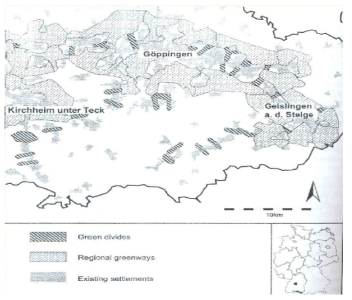 greenways와 green divides : Stuttgart 지역의 일부 (자료 : von Haaren & Reich, 2006)