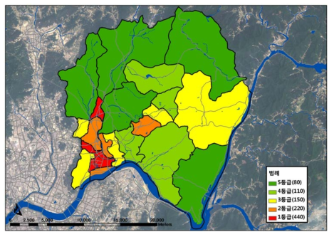 도시적 토지이용비율 분석에 의한 개발위험 평가도