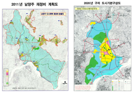 사례대상지역의 도시토지이용계획 (주：구리시 및 남양주시 도시계획도면을 정리)