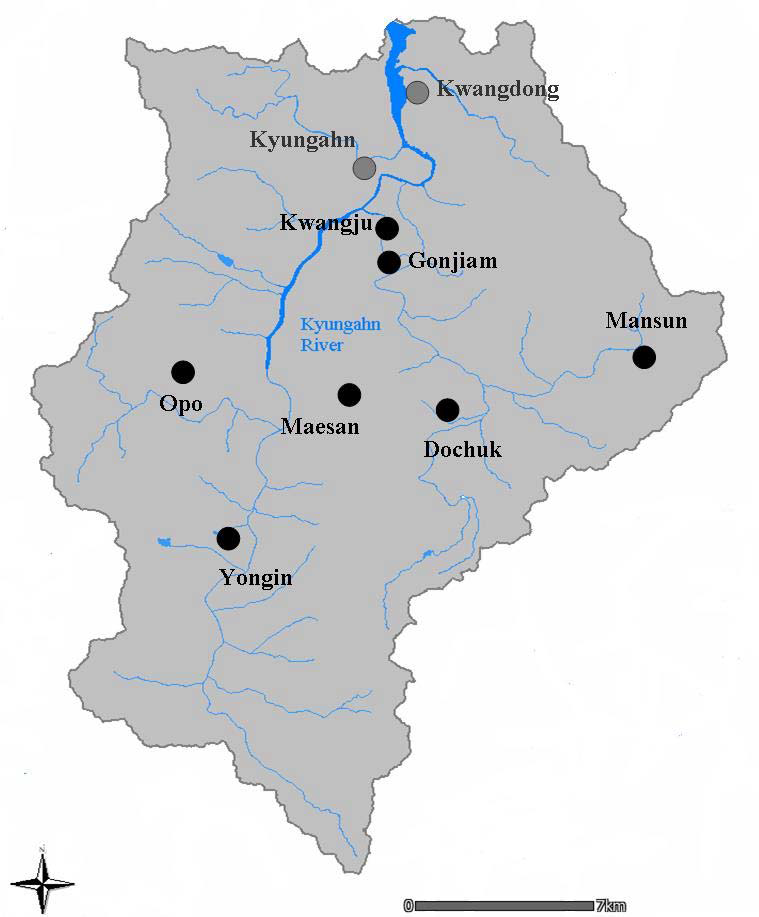 Site map of STPs in the Kyungahn stream watershed. STPs indicated with Gray solid circles (Kwangdond and Kyungahn STPs) were excluded in this study