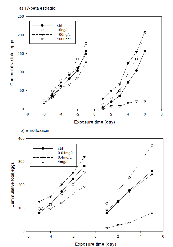 Cumulative total eggs by exposure to 17-beta estradiol and enrofloxacin
