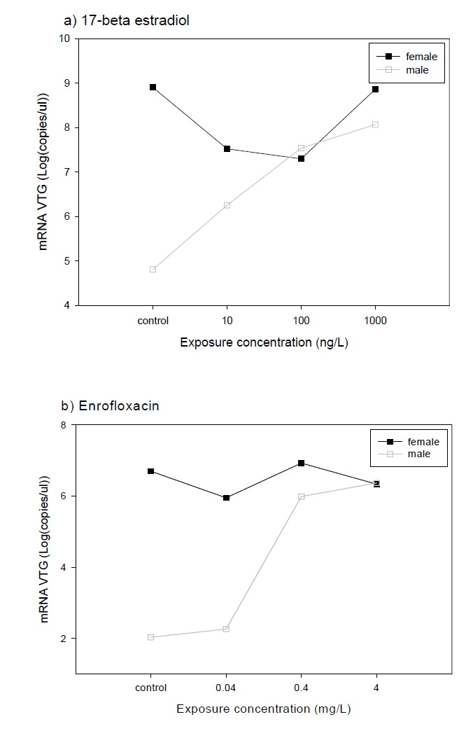 Induction of vitellogenin mRNA in male medaka by exposure to 17-beta estradiol and enrofloxacin