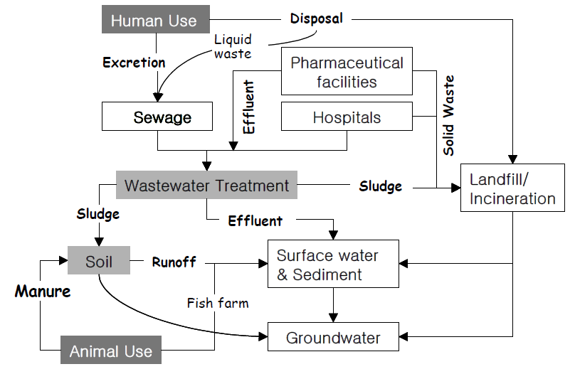 Flow of human and veterinary pharmaceuticals into the environment