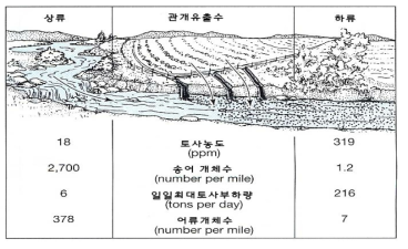 토사농도에 따른 어류의 개체수 변화(Chiras and Reganold, 2005)