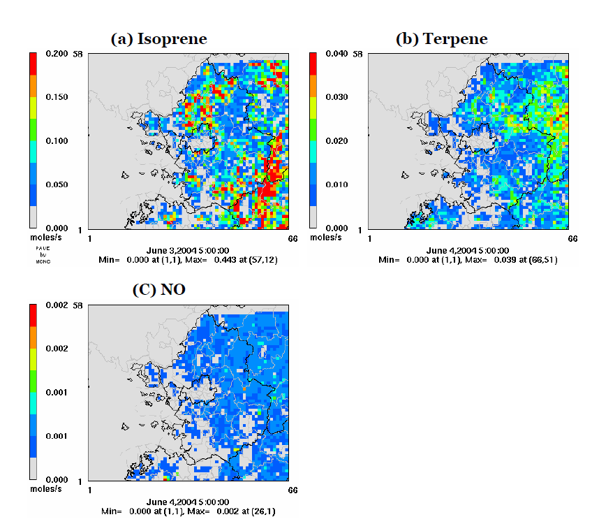 Snapshots of (a) isoprene, (b) terpene, and (c) NO emissions estimated with BEIS2 for June 4th, 2004 at 14 LST