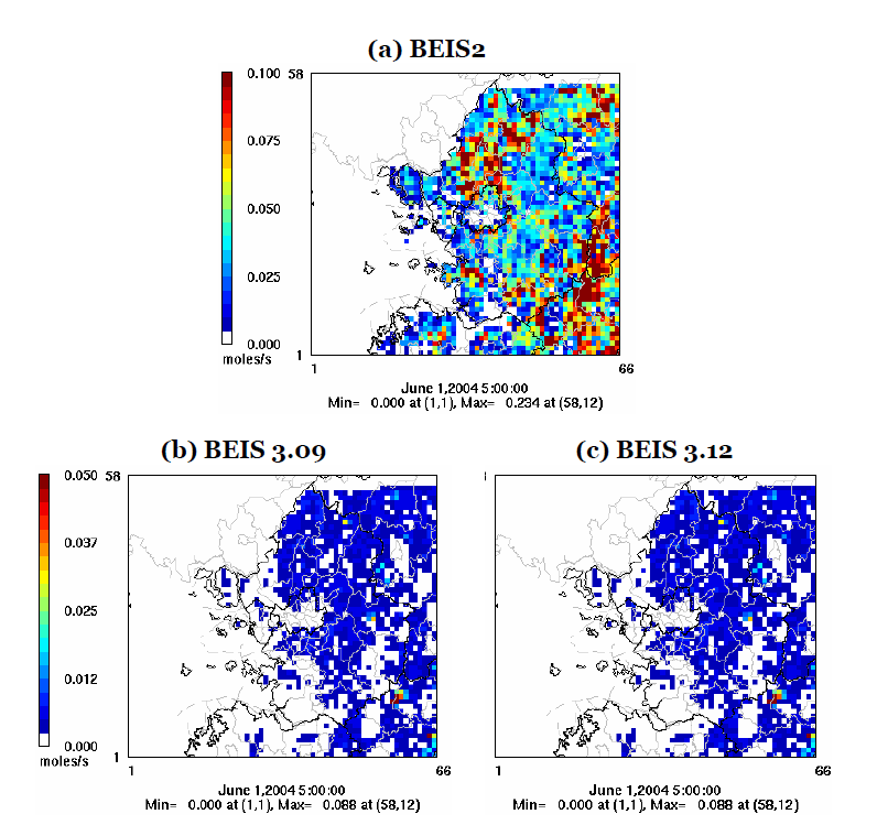 Comparisons of isoprene emissions estimated with (a) BEIS2, (b) BEIS3.09, and (c) BEIS3.12 over a 3‐km domain