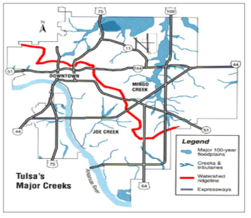 Major Creeks and Floodplain in Tulsa, Oklahoma Source: Patton, Ann. (1994). Setting and History: Learning the Hard Way. From Rooftop to River:Tulsaʹs Approach to Floodplain and Stormwater Management. Tulsa, Oklahoma, Tulsa Public Works Department. Retrieved April 28, 2004, from http://www.sustainable.doe.gov/articles/rooftop/history.shtml