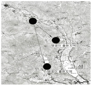 문헌에 나타난 맹꽁이 출현지역의 위치도 작성사례