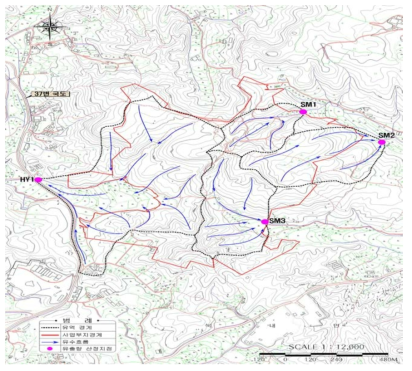 배수유역 및 유출량 산정지점 예시
