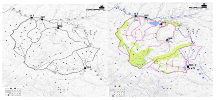 개발 전(좌)․개발 중(우)의 배수유역 및 유수흐름도