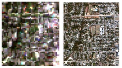 Landsat과 QuickBird 공간해상도 비교 (출처: NASA)