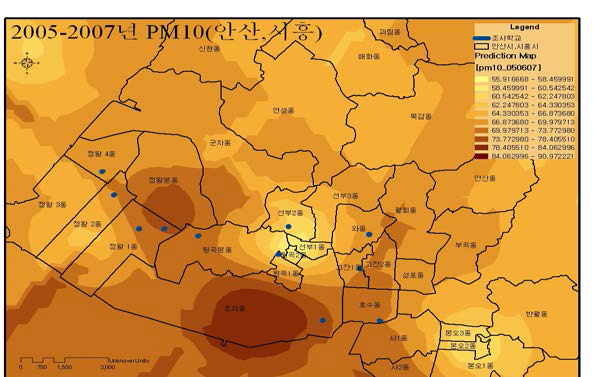 안산, 시흥 지역 PM10 농도 분포(2005~2007년 평균)