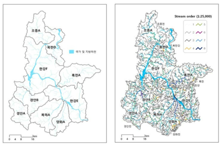 팔당호 유역의 국가 및 지방 하천도와 하천 차수도(1:25,000)