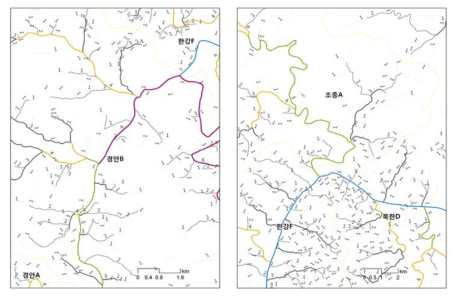 낮은 차수의 하천(소하천)과 주요 하천의 연결 네트워크