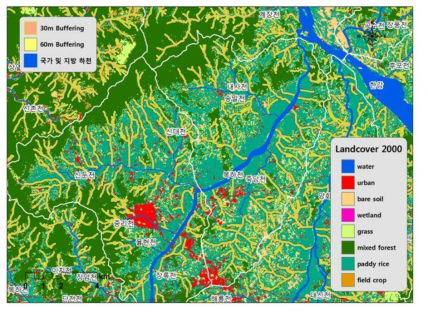 복하천 단위유역의 소하천 30 & 60m 수변도와 토지피복도(2000년도)