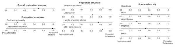 전체적인 복원의 성공과 회복 비율에 대한 Bray Curtis Ordination표 : 식생 구조의 4가지 변수, 종 다양성의 5가지 변수 및 생태계 과정의 2가지 변수를 기반으로 복원의 성공을 평가함. 각 순서에 따른 정리에서 값은 복원(재조림)된 장소와 숲이 있는 기준지를 비교하여 복원된 장소의 상대적 위치를 나타냄(Ruiz-Jan, & Aide, 2006)