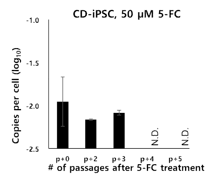 Quantitative PCR analysis of total residual episomal vectors in CD-iPSC with 50 μM 5-FC. N.D.; Not Detected