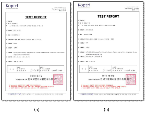 유리(a)와 PET(b) 시편에 대한 접촉각 측정 공인 시험 성적서