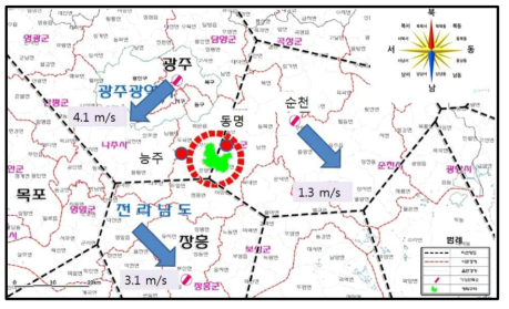 2004년 8월 18일 15:00 풍향 및 풍속현황